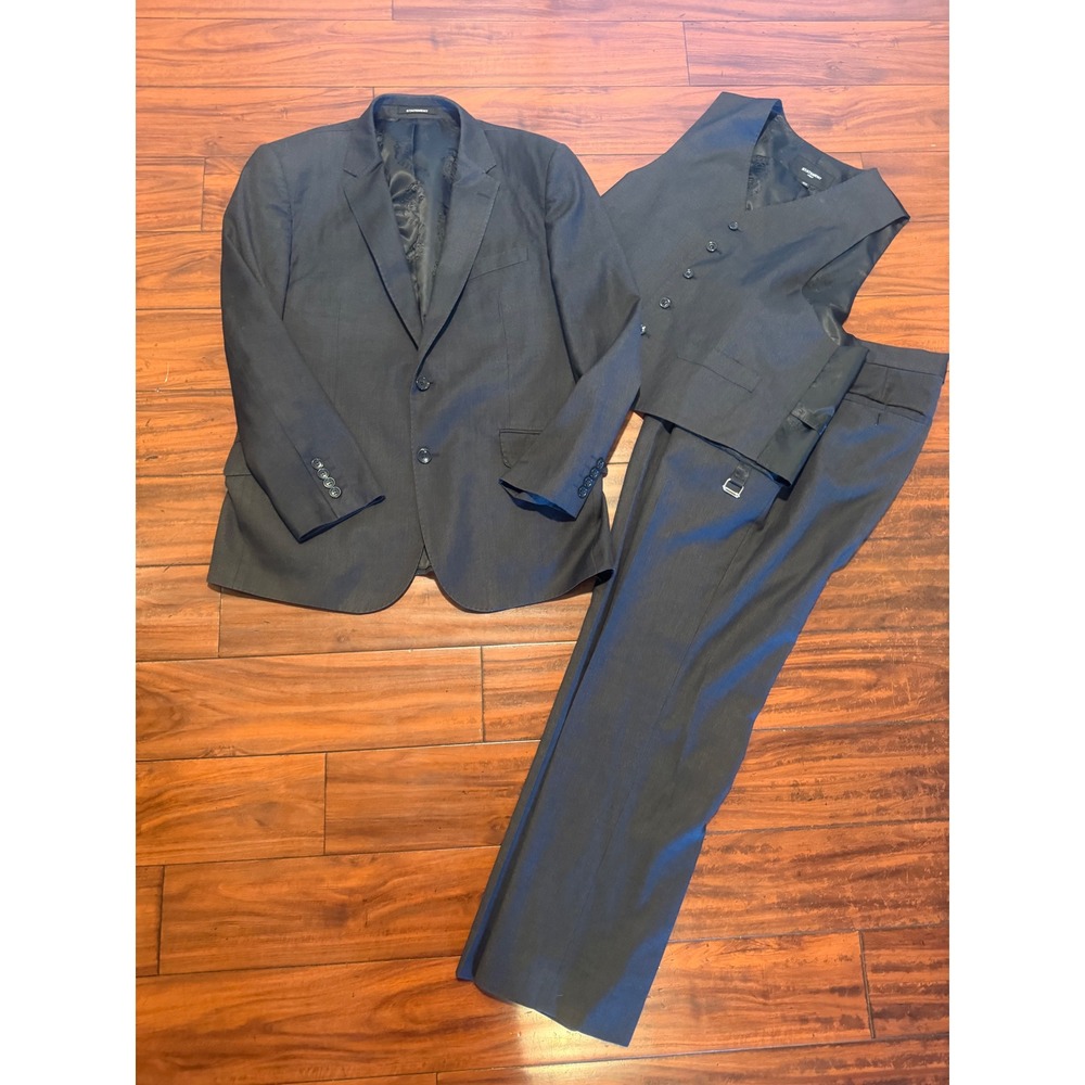 Statement Italy Mens 3 Piece Suit 40S/34x30 Charcoal Gray Blazer Vest Pants